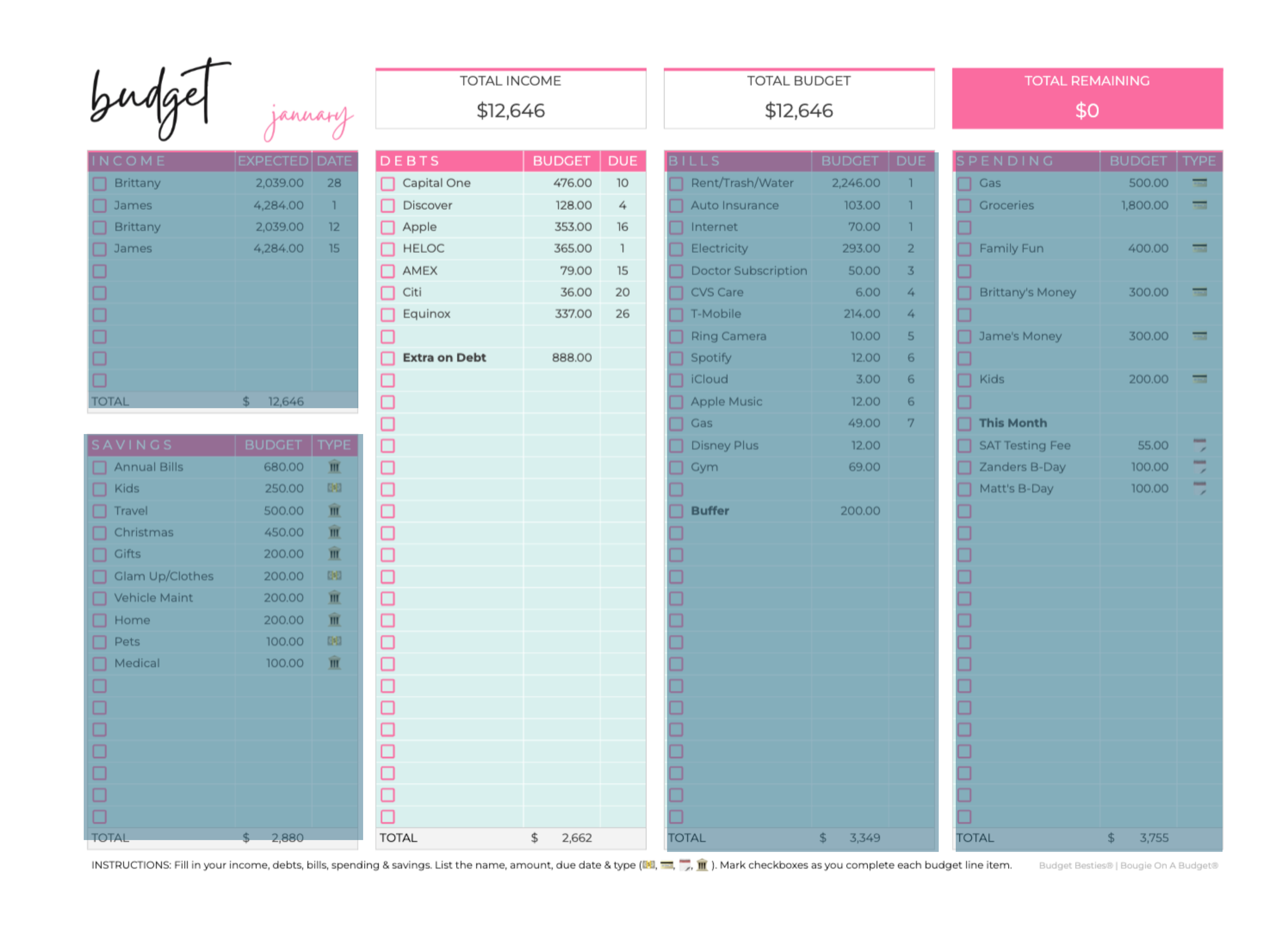 Monthly budget example showing how to get out of debt in 2026, with income, debts, bills, spending categories, savings buckets, and extra payments planned on one page.
